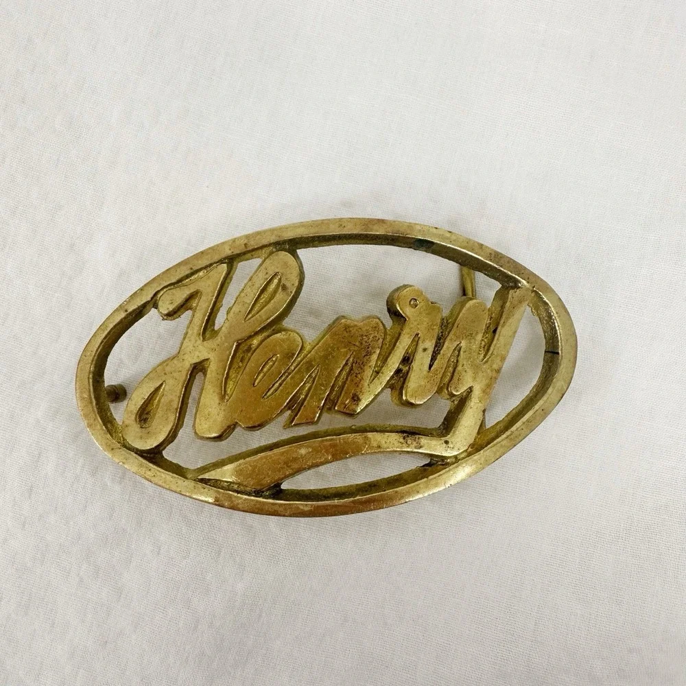 Henry - Brass Oval Belt Buckle Name In Cursive Marked Solid Brass‎ Taiwan